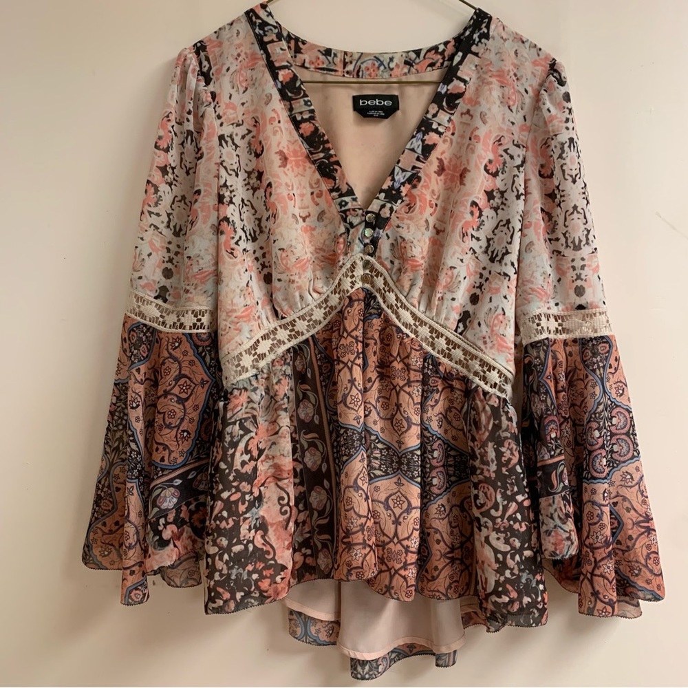 Vintage Y2K Bebe Boho Floral Shirt with Flared Bell Sleeves and lace pattern